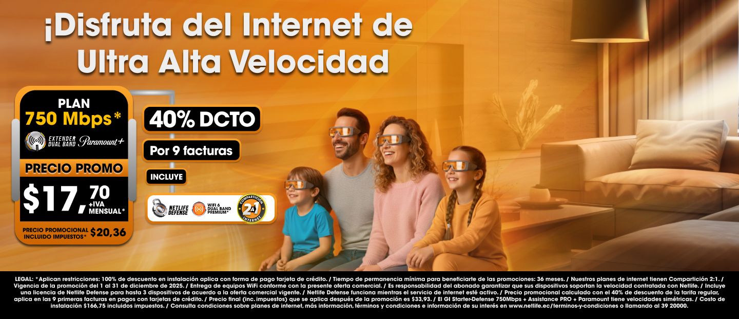 Promoción de internet Netlife con plan de 750 Mbps a $17.70 + IVA mensual, con 40% de descuento por 9 facturas. instalación gratuita con pago mediante tarjeta de crédito, y soporte continuo. Válido hasta el 31 de diciembre de 2025. Precio final con impuestos incluidos: $20.36 mensual. Condiciones aplican, consultar términos en el sitio web